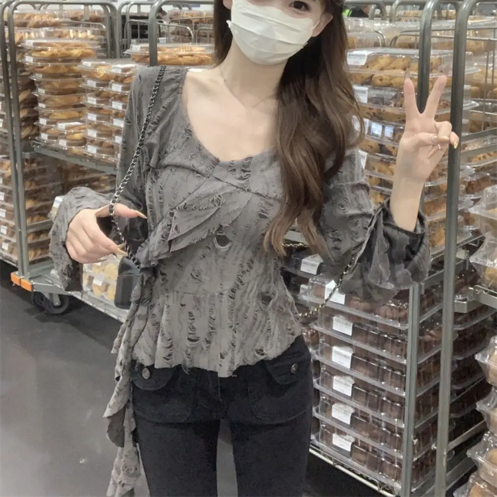 Bell Sleeve Irregular T-Shirts Women Pleated Slim Fit Long Sleeve Top Female Clothing Basic Retro Mesh Broken T-Shirt Streatwear