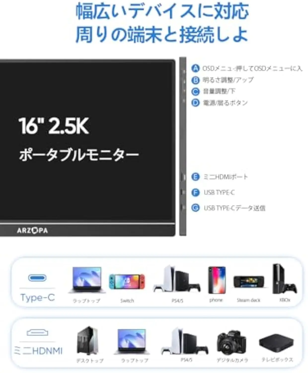ARZOPA 16.1 インチポータブルモニター 144hz 100%sRGB 1080P FHD IPS