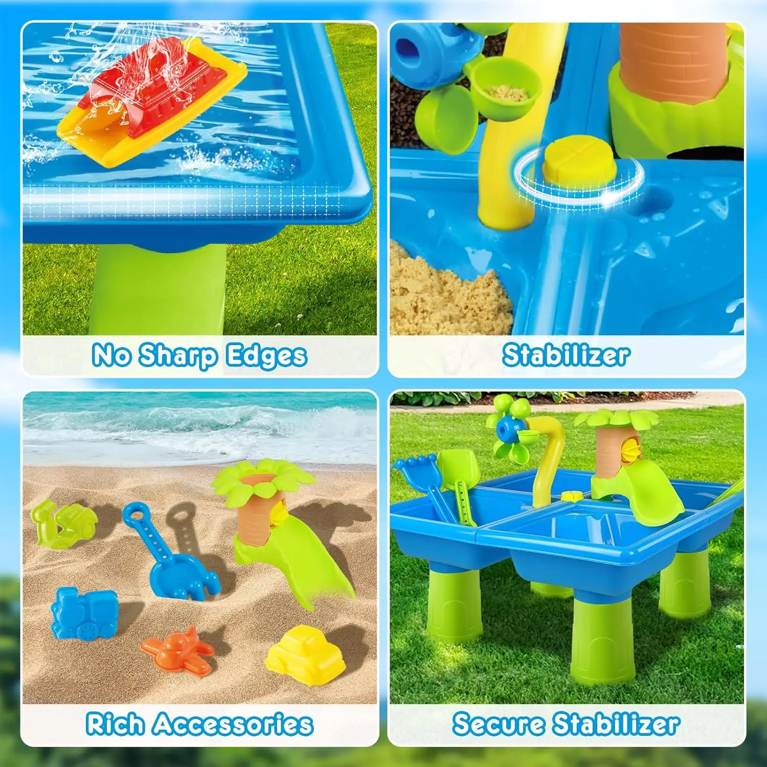Summer Beach Water Table for Toddlers 4-in-1 Outdoor Play Table Rain Showers Splash Pond Toys 24 PCS Sensory Activity Sand Table 5