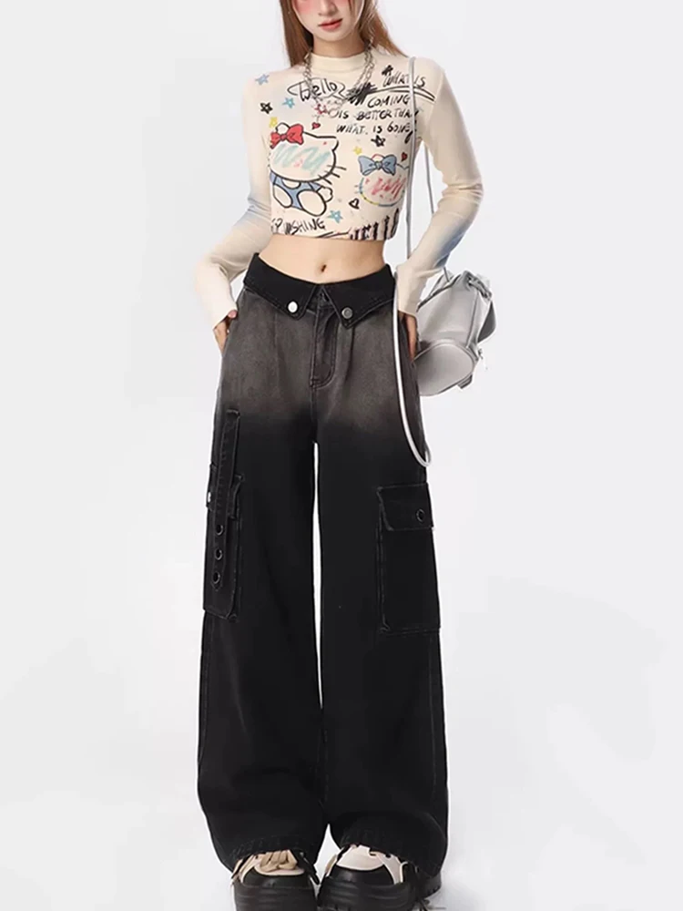 

New American Style High Waist Loose Women Jeans Fashion Street Slim Woman Jeans Black Simple Basic Straight Leg Pants Female
