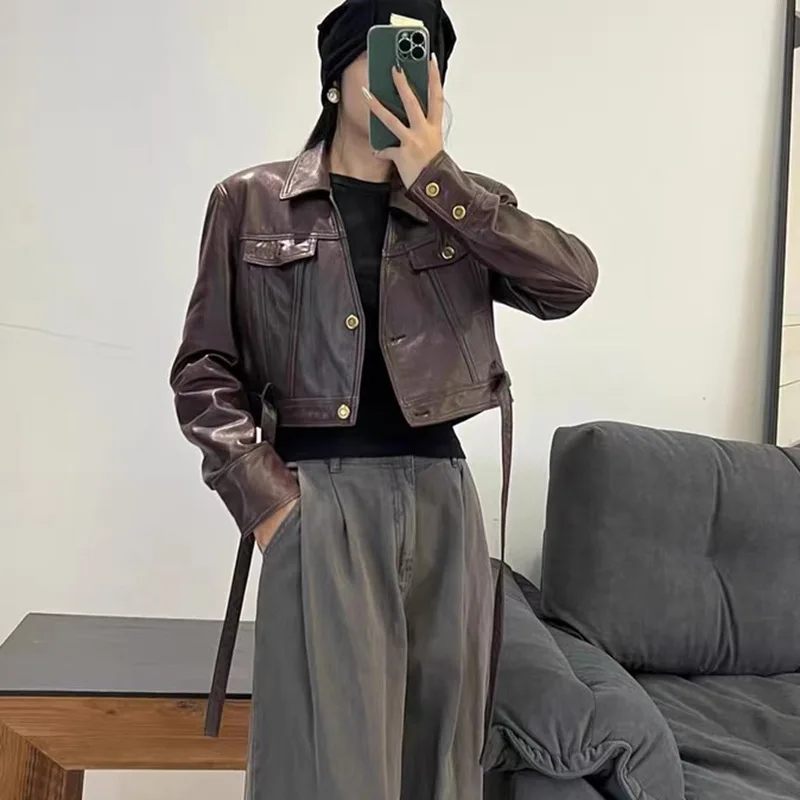 

Sheepskin Genuine Leather Jacket, Spring 2024 New Short Motorcycle Plant Tanned Leather Jacket, Collar Trend For Outerwear