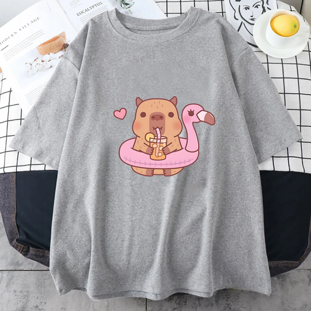 Women's Summer Capybara Bubble Tea Anime Print O-neck Cotton T-shirt