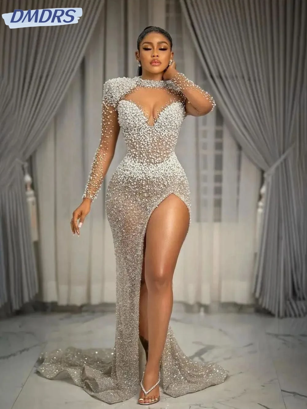 White Embellished Beads and Pearls Evening Dress Women Formal Occasion Dresses Long Sleeve Dubai Celebrity Influencer Dress Fashion