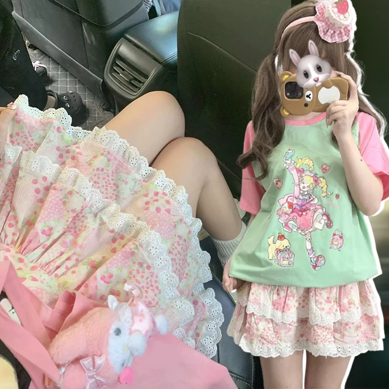 Women Floral Mini Skirt Kawaii Summer 2025 Ruffles Japanese