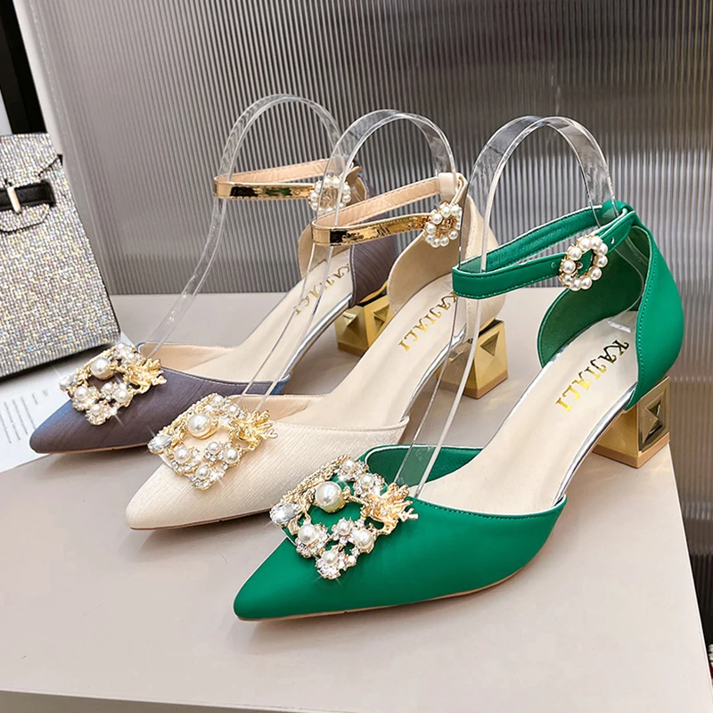 Elegant Pearl Buckle Square Heels Wedding Party Shoes