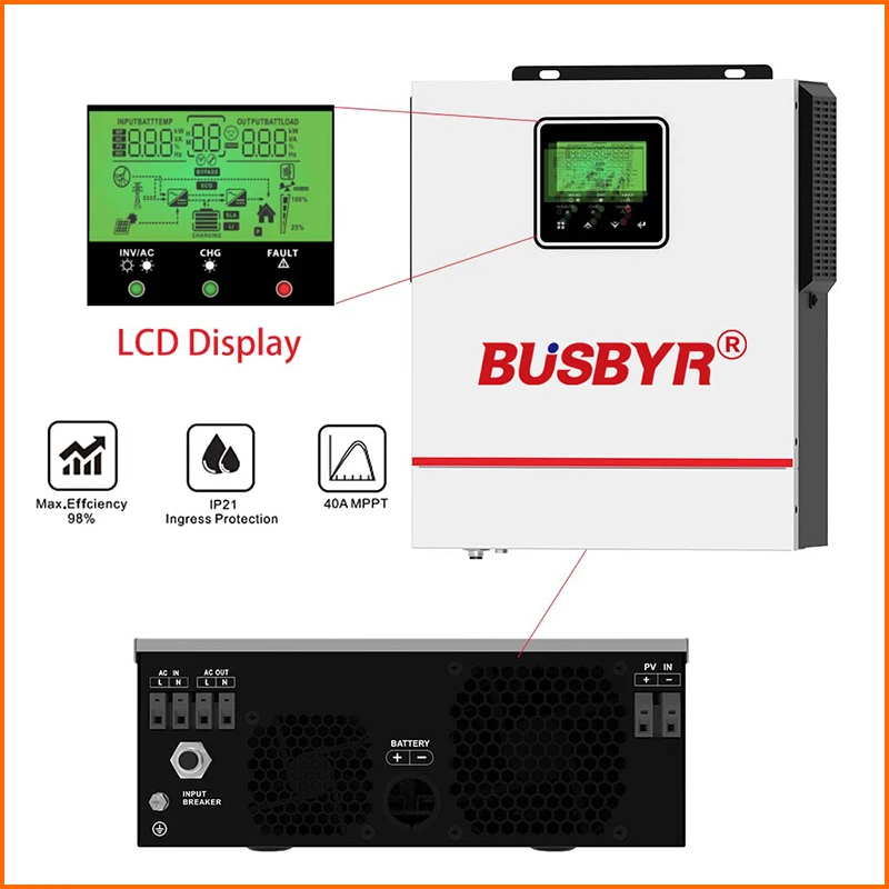 BUSBUR 하이브리드 태양광 인버터 순수 정현파 MPPT 1.0kw 1.5kw 12v 24v  220v 태양광 충전기 가정용 인버터 1500W 인버터