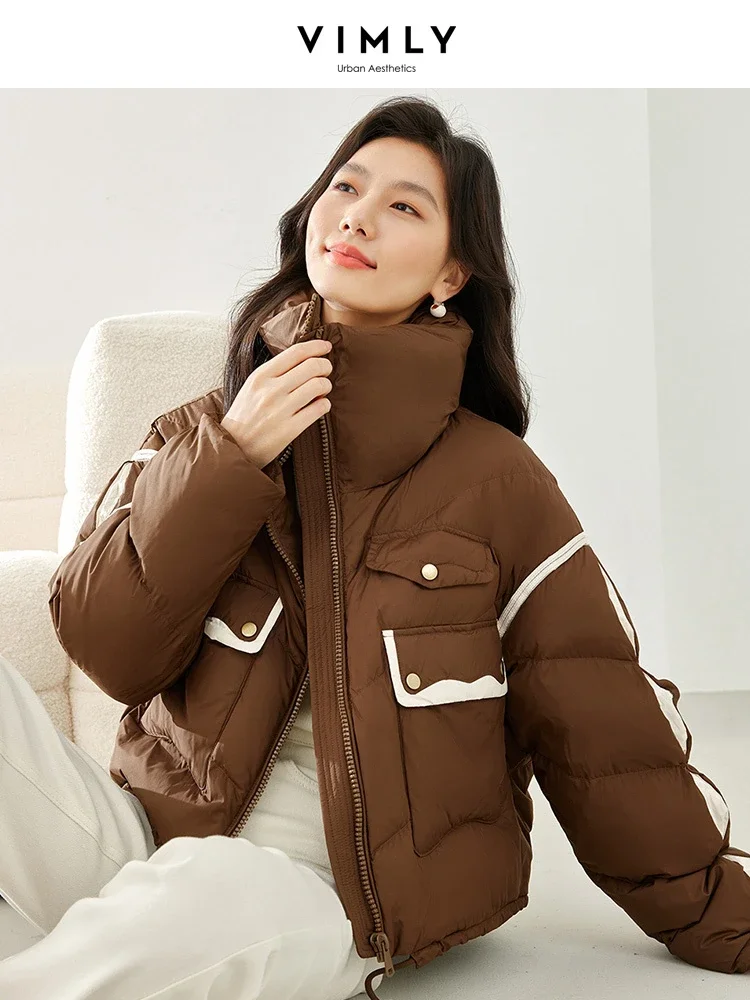 Vimly Contrast Spliced Cropped Down Coat Women 2023 Stand Collar Thick Warm Winter Women's Puffer Jacket Female Outerwear 50652