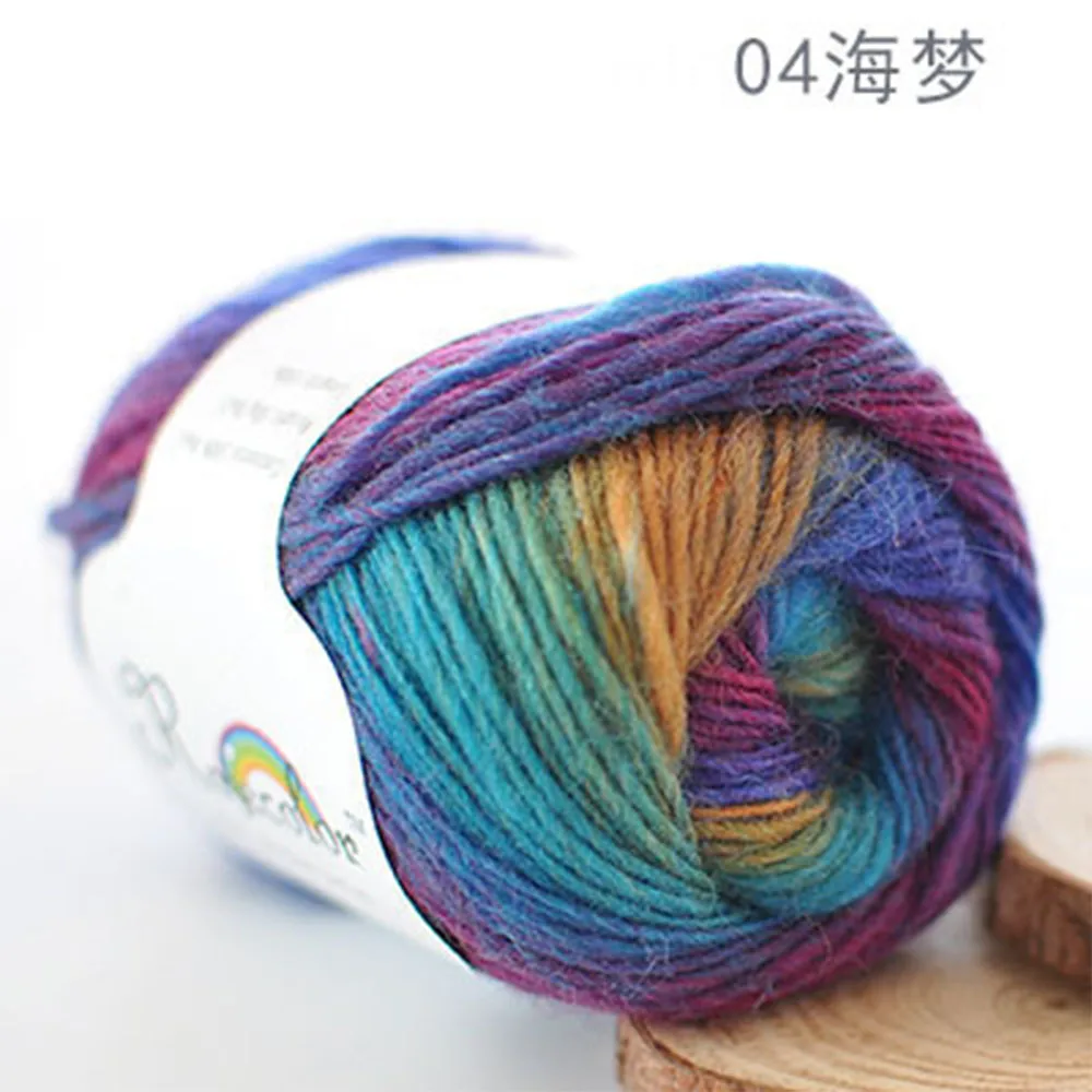 100% Pure Wool Fiber Yarn 50g/180m Rainbow Gradient for Hand Knitting Crochet Soft DIY Scarf Shawl Sweater Cushion Crafts Making