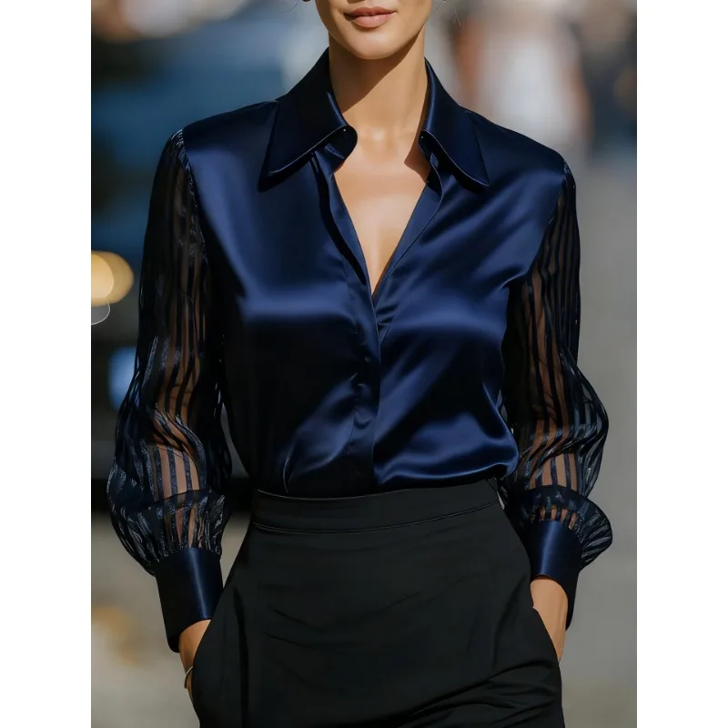 Fashion New Spring and Autumn Turn Down Collar Women's Mesh Long Sleeve Shirt Elegant Cardigan Single-breasted Satin Blouse