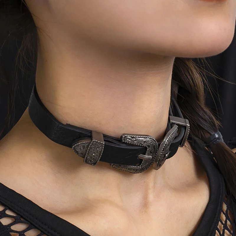 IngeSight.Z Gothic Double PU Leather Buckle Choker Necklace