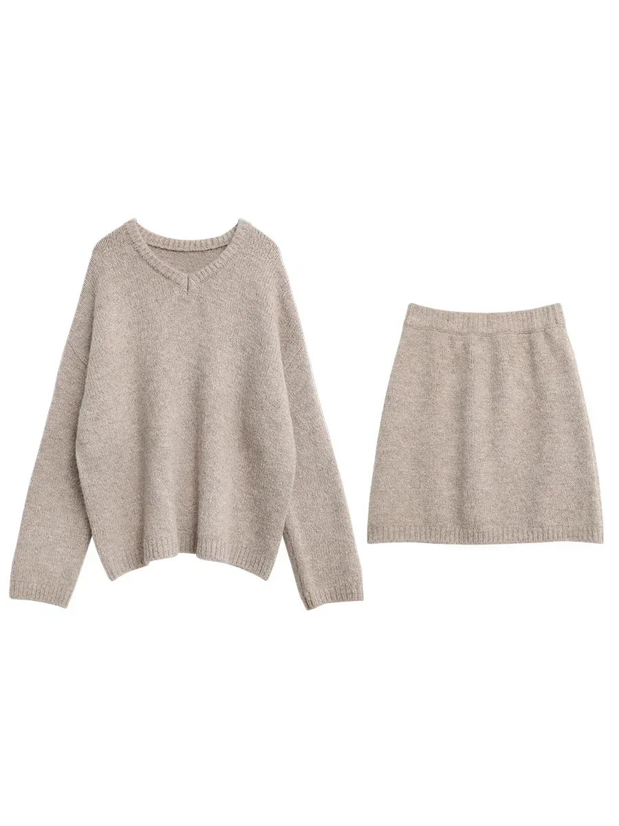 Women Clothing Set CHIC VEN Fashion Skirt Set Pullover Loose Mini V-neck Solid Sweater Straight Leg Skirts Spring Autumn
