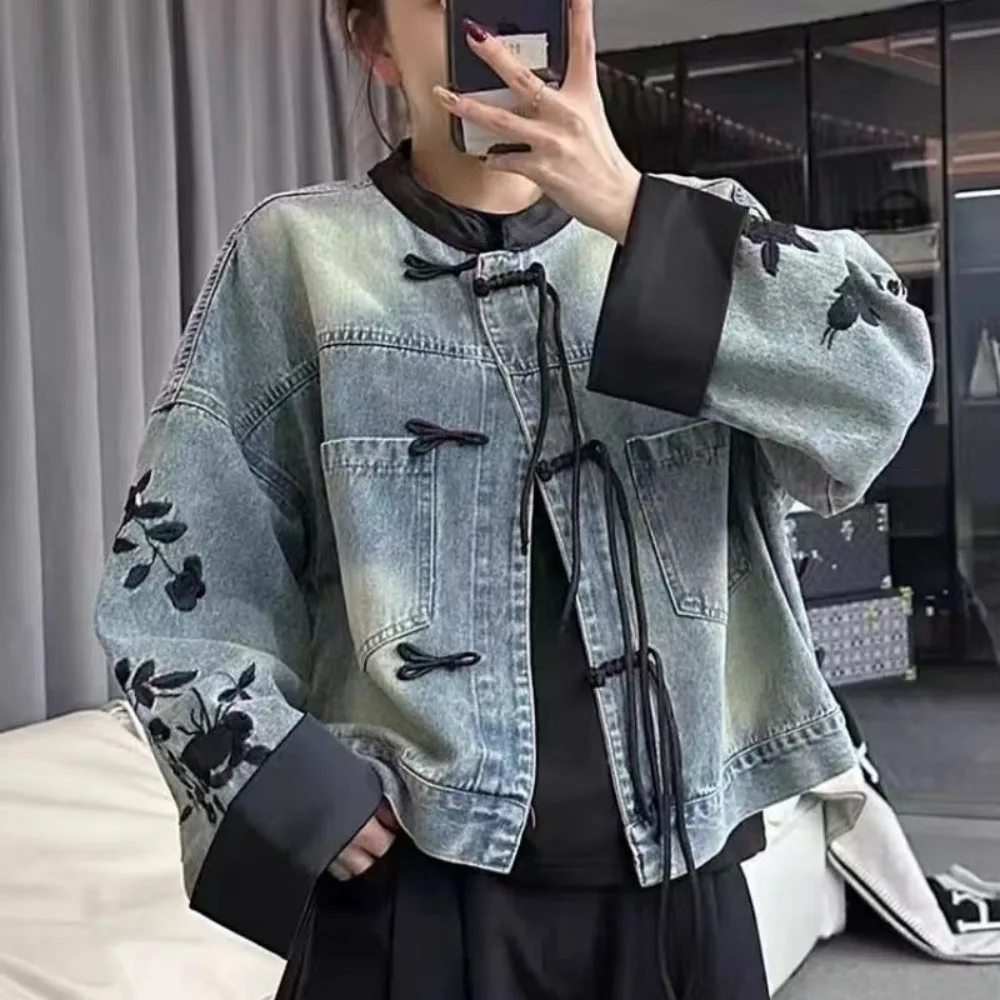 New Chinese Style Knot Oversize Vintage Denim Embroidered Women Tang Jacket