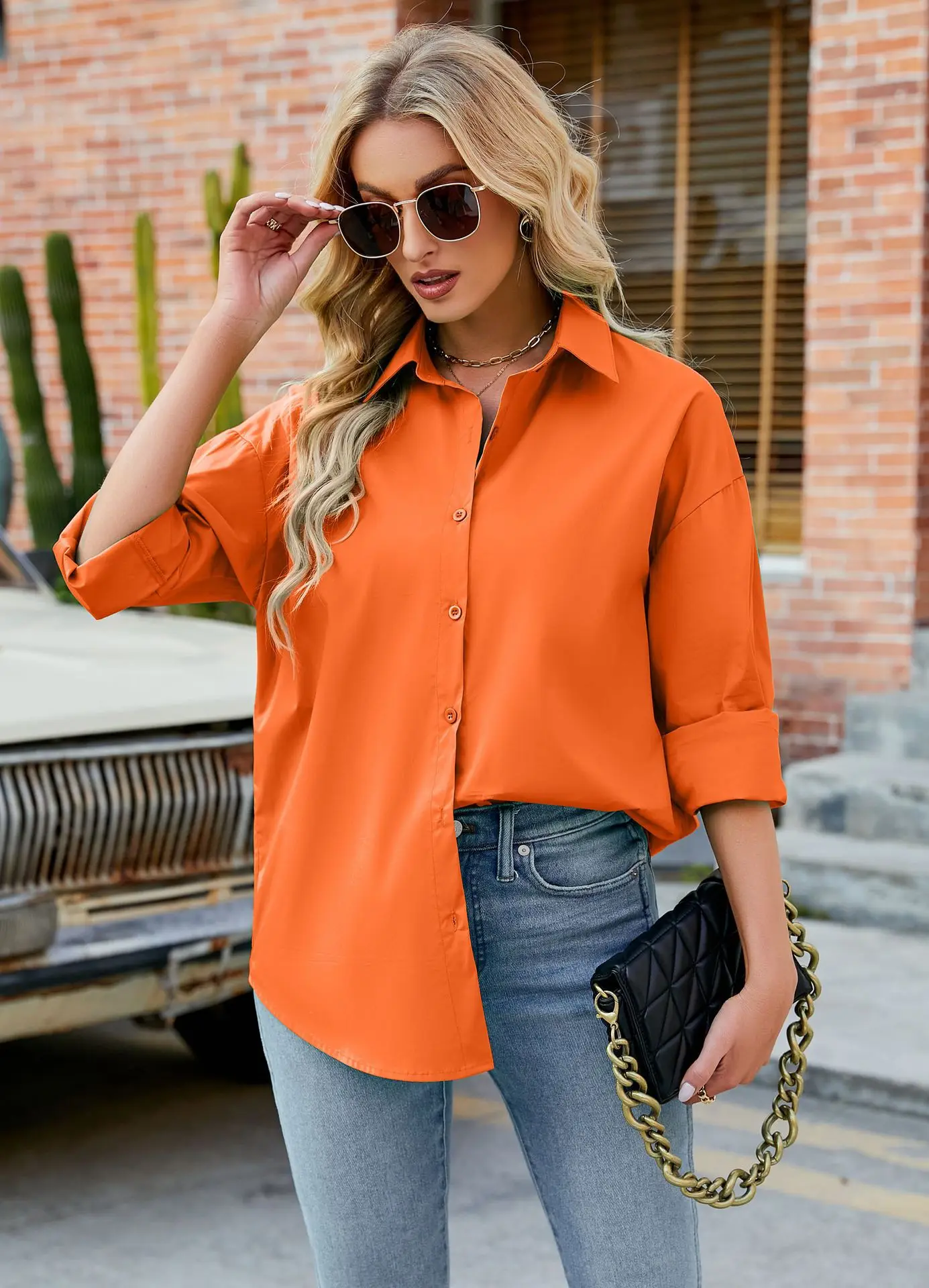 Womens Clothing V-neck Solid Button Long Sleeve Casual Blouse