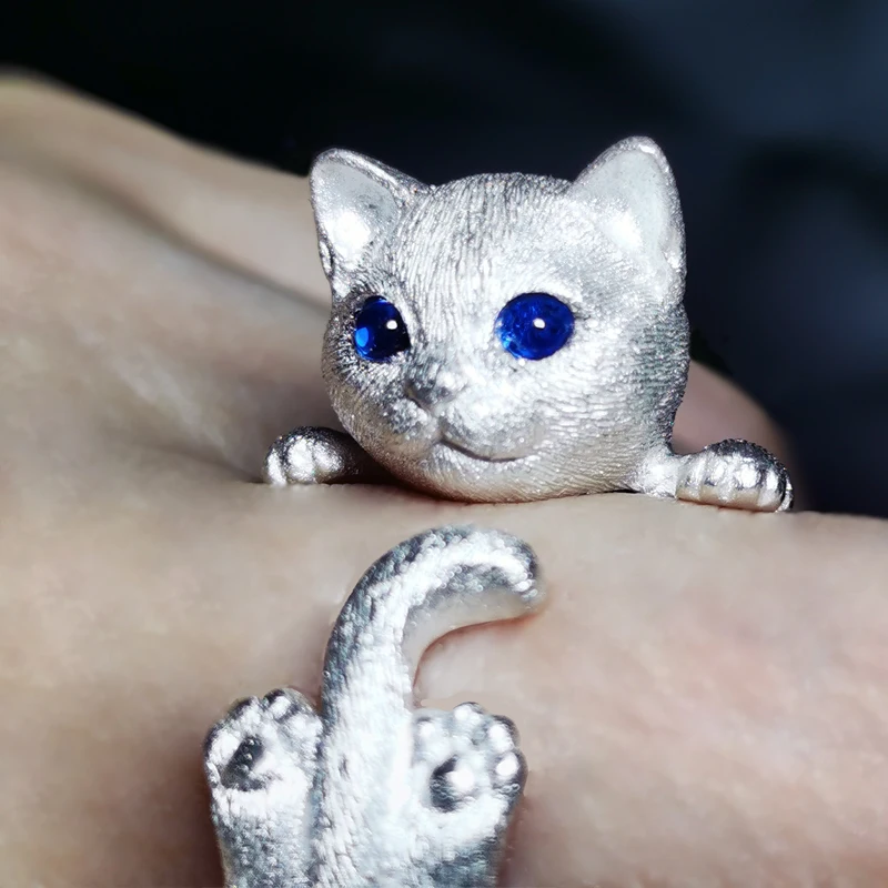 猫リング シルバー　ブルーeye かわいい猫リング青い目猫シルバーメッキ宝石指輪ジュエリー