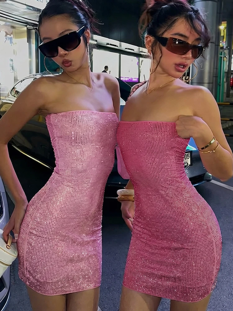 Nibber Stretch-Kleid für Damen, modisch, sexy, mit Pailletten, für den Sommer, rückenfrei, ärmellos, Skinny Hottie-Stil, Mitternachtsparty, Club, Mini-Bodycon
