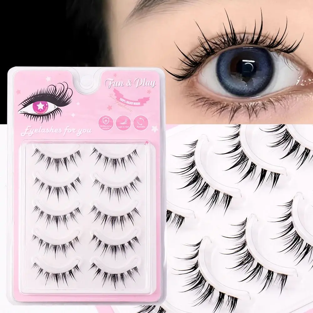 

5 Pairs Pack Manga Lashes Natural Look Fluffy Curly Lashes Wispy Clear Band Fake Lashes Cosplay Lashes Faux Mink Lashes