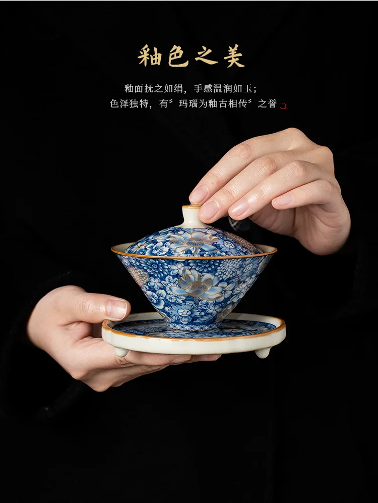Description Picture 4 of itemCeramic Ru Kiln Gold Million Flower Hat Three Cover Bowl Teacup Home High-end Tea Bowl Large Not Hot Tea Set