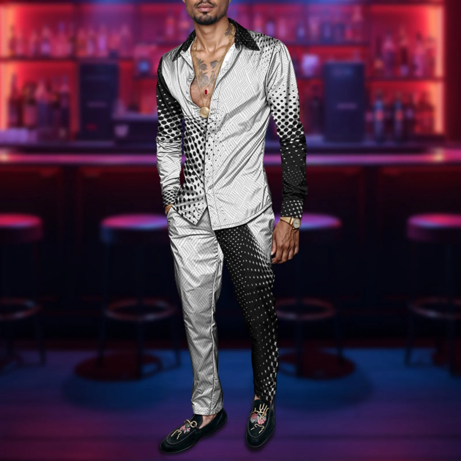 2025 New Arrival Men Shirt Set Geometry Print Summer Fashion Simple Two Piece Set Mens Gradient Lightweight Party Long Sleeves_voghion.com