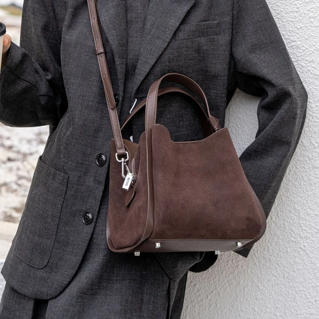 BURMINSA Genuine Leather Suede Bucket Shoulder Bag For Women Luxury Patchwork Top Handle Handbags Vintage Office Crossbody Purse 2