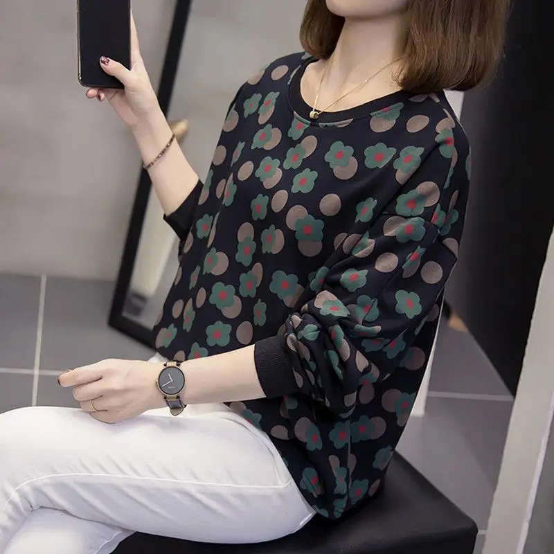 Women's Clothing Autumn and Winter Small Flower Printing Pullover Tops Korean Crew Neck Loose-fitting Long Sleeve Sweatshirts