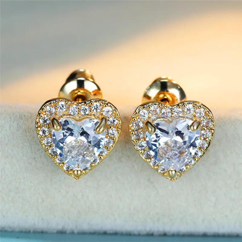 Cute Female Small White Crystal Zircon Stud Earrings Fashion Heart Wedding Jewelry For Women