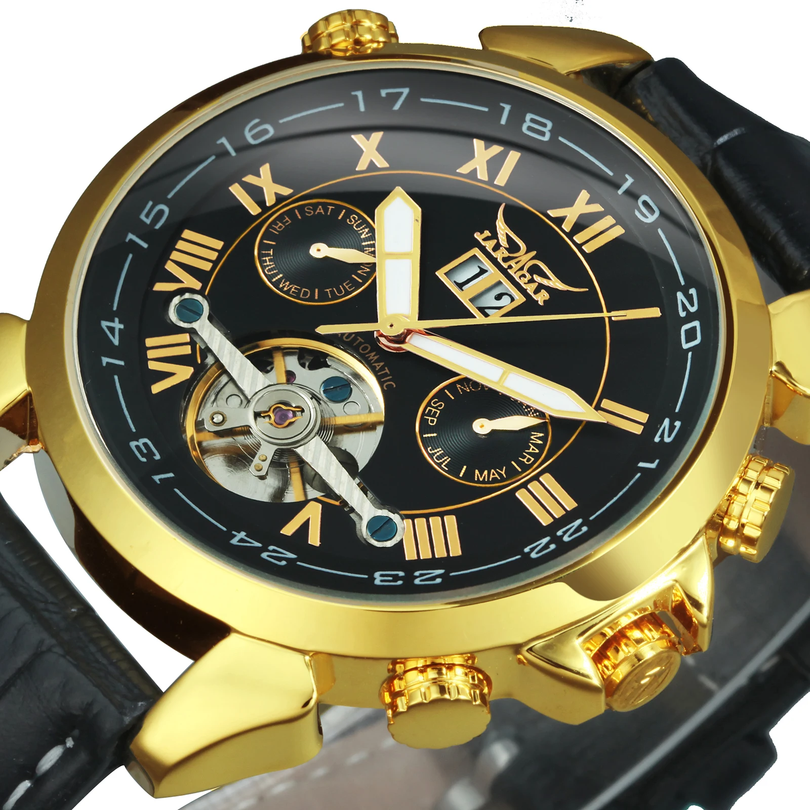 

Jaragar Mechanical Watch Men Automatic Gold Mens Watches Top Brand Luxury Tourbillon Calendar Leather Belt Male Clocks Relojes