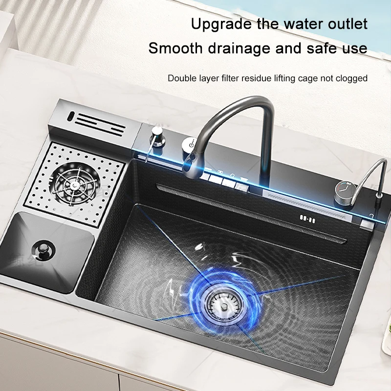 Stainless Steel Kitchen Sink Waterfall with Trash Can Cup Wash Right Side Undermount Countertop Washbasin Large Single Sink 4