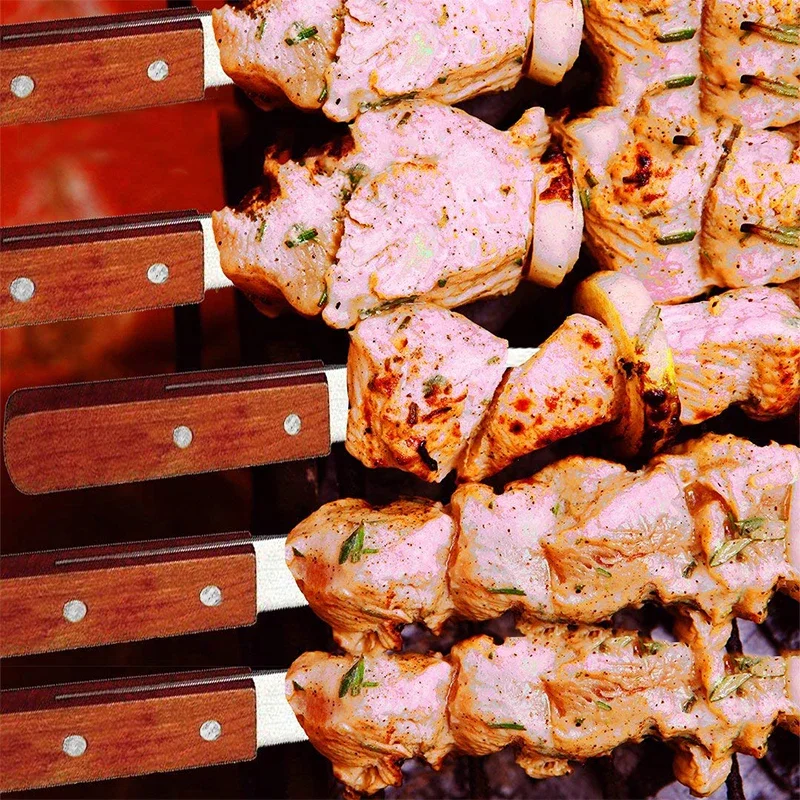20.5''52cm Barbecue Skewers Stainless Steel Fork Flat Shish Kebab BBQ Needle Grills Sticks Turkish Long Wood Skewer Panic Tools