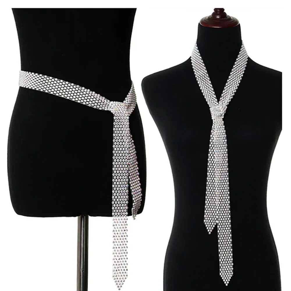 Trendy 1.3M Long Bling Scarf Neckerchief Sparkling Luxury Shiny Rhinestones Tie Choker Necklace Jewelry Collar