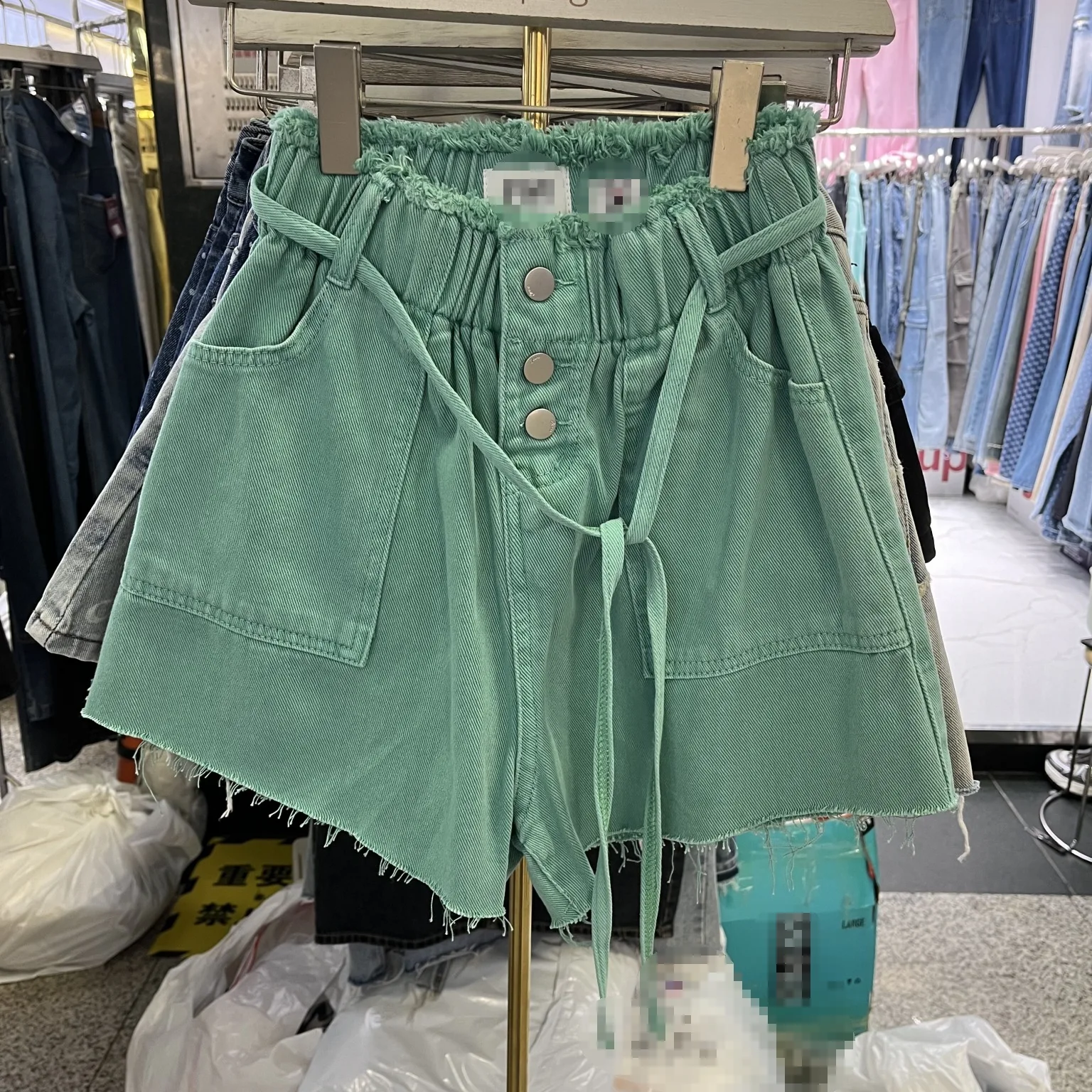 Korean Style Casual Elastic Waist Lace-up Green Short Jeans for Women 2024 Summer New Loose High Waist Wide Leg Hot Pants Female