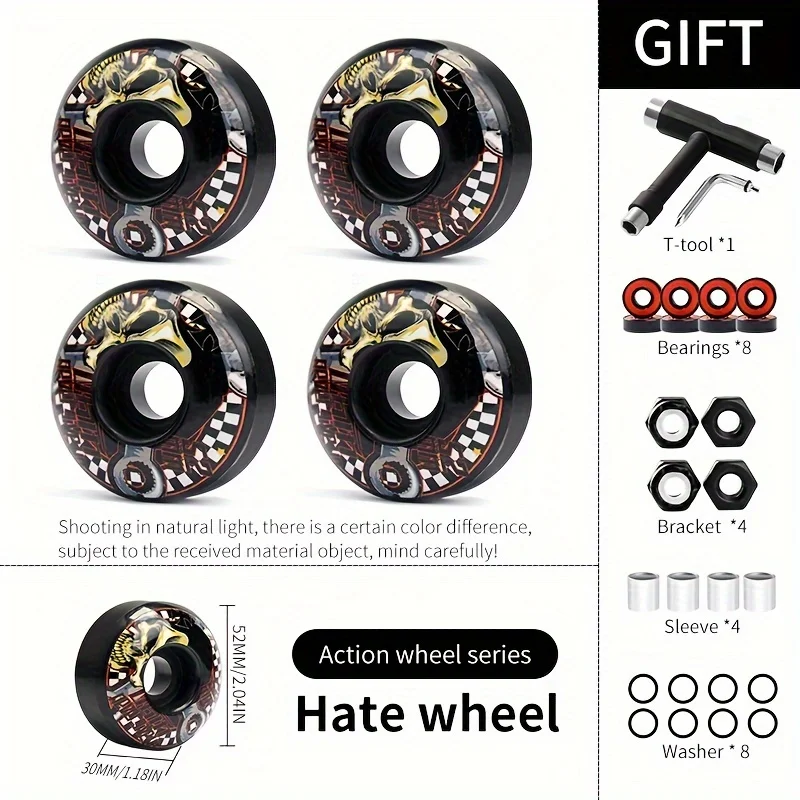 52mm 51D 경도 PU 휠 더블 킥 스케이트보드용 | 608 베어링 포함 | 고반발 트릭 스케이트보드 휠 액세서리