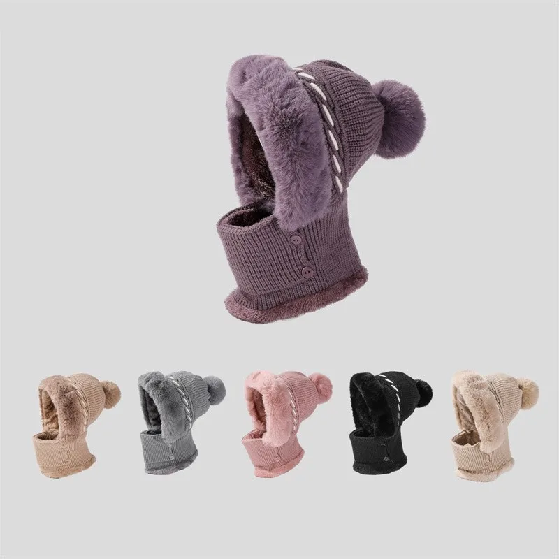 

Winter New Twist Striped Knitted Hat Scarf Unisex Velvet One-piece Warm Beanies Women Ear Neck Protection Wool Caps