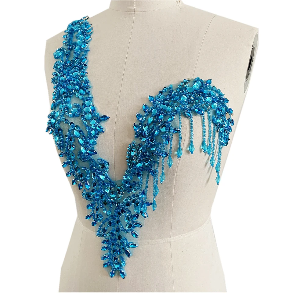 YUNSI Squisito Blu Fatto a Mano Cucire su Strass Cinghia Vita Appliques Cristalli Patch Vestito da sposaccessori Fai da Te Decorazione 17x31cm