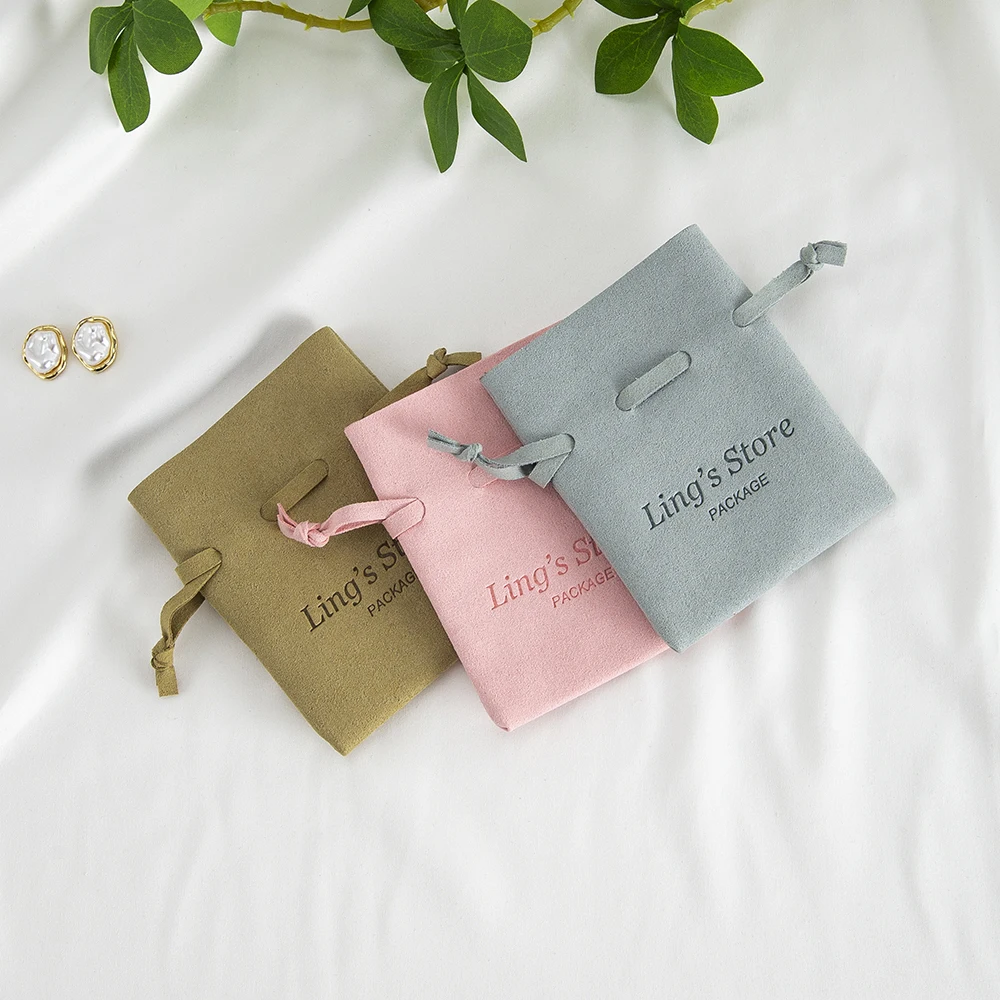 50 Stück/Lot Personalisierter Logo-Schmuckbeutel aus grünem Mikrofaser mit Kordelzug für Sommer, Hochzeitsgeschenk, Ohrringe, Halsketten-Verpackung – Detail 2