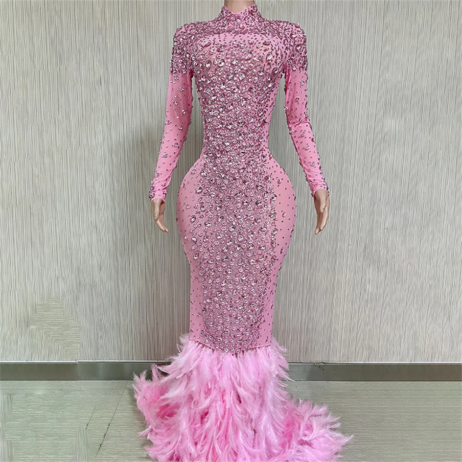 

Pink Luxury Rhinestones Grand Feathers Sexy Sheath Dress Evening Party Performance Costume Bar Nightclub Singer Dancer Stage Wea