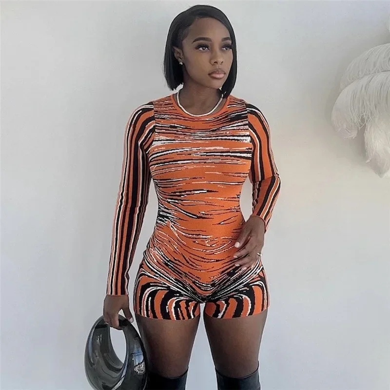 

Tiger Stripe Print Women Skinny Playsuits 2024 Spring Women O-Neck Long Sleeve Slim Hipster Shorts Jumpsuits Casual Overalls