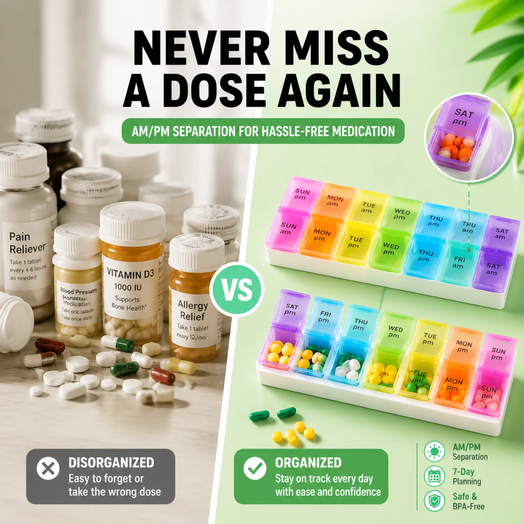 Weekly Pill Organizer with 14 Compartments for Daily Travel – Compact Medicine Box for Vitamins and Supplements