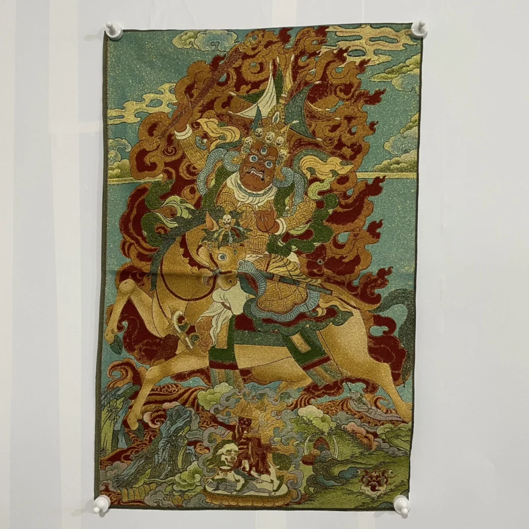 

35"Thangka Embroidery Tibetan Buddhism silk embroidery horse head Vajra Buddha horse riding Thangka hanging screen Town house