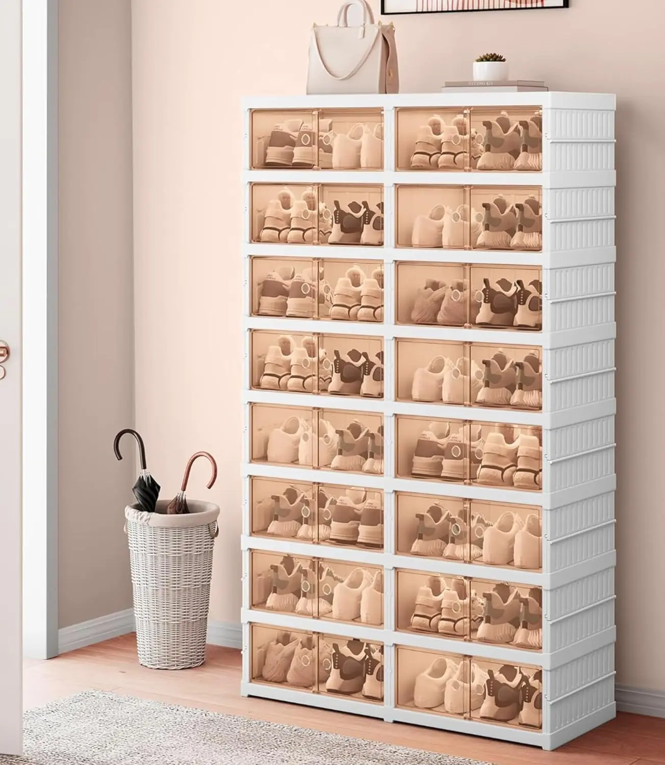 Portable Stackable Shoe Rack with Magnetic Clear Door, 8-Tier Storage for 32 Pairs, White Plastic Organizer