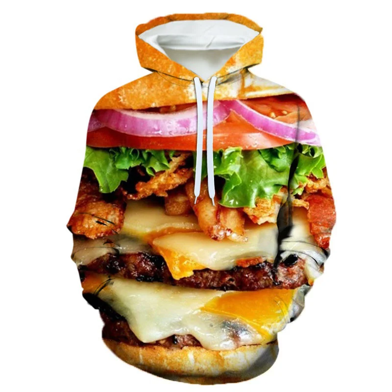 thumbnail image 1 of Sudadera con capucha de manga larga para hombre con estampado 3D de filetes, ensaladas, patatas fritas y comida, con estampado de hamburguesas, informal, 1 of 5