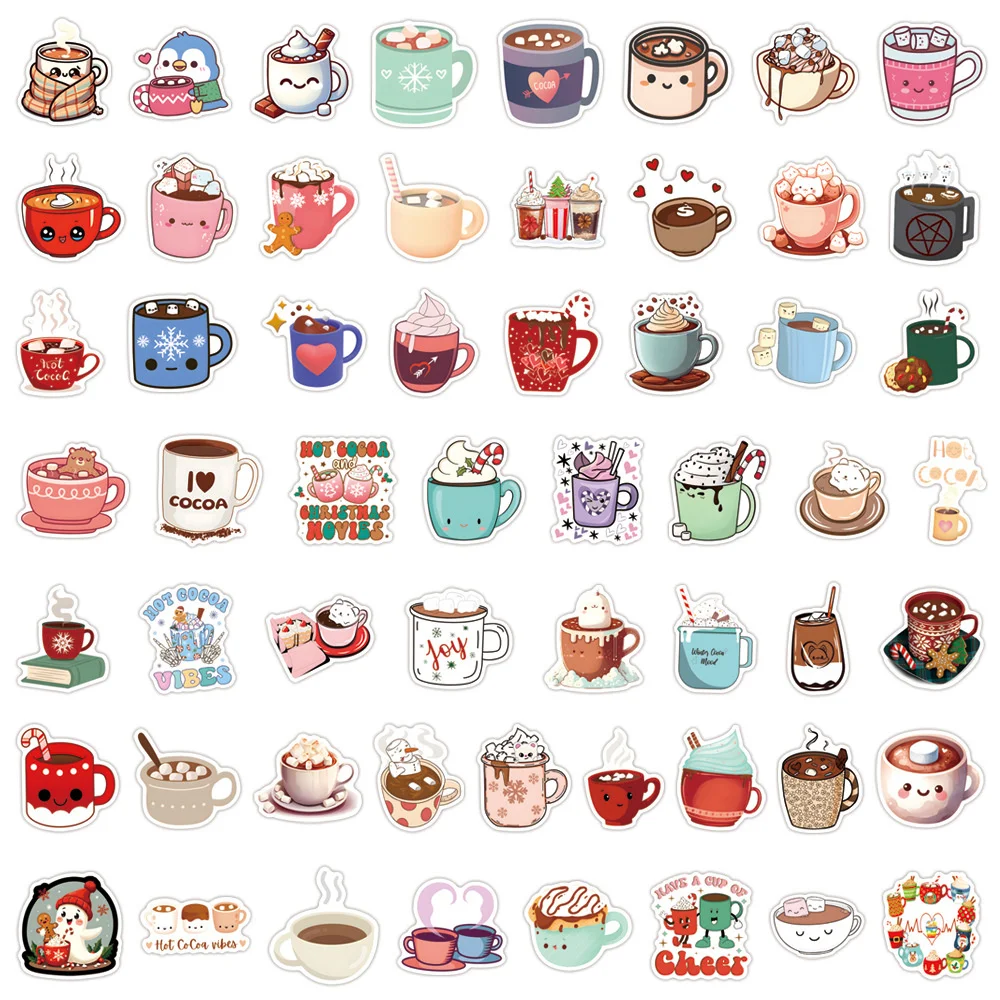 Coffee Hot Cocoa Stickers 55pcs For Phone Case Suitcase Ipad Guitar Laptop DIY Craft Supplies Cute Sticker Vintage