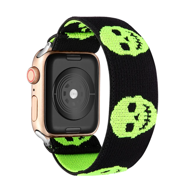 Elastic Scrunchie Strap Band for Apple Watch 7 5 6 4 8mm 40mm 42mm 44mm Women Bracelet for iwatch series 7 6 se 5 4 45mm 41mm Green Skull