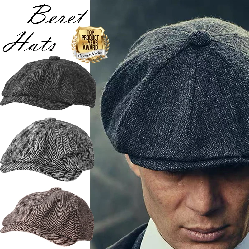 Men Winter Newsboy Caps Male Herringbone Flat Caps With Brim Street
