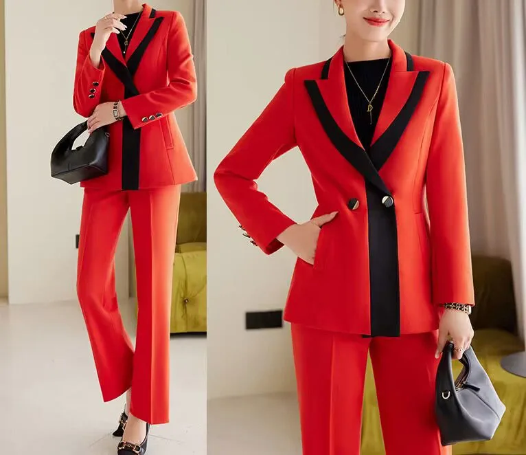 Tesco Women Suit Sets  Business Blazer Pants For Office Lady Female Autumn Sets 2 Piece Patchwork Chic Uniform Jacket Coat