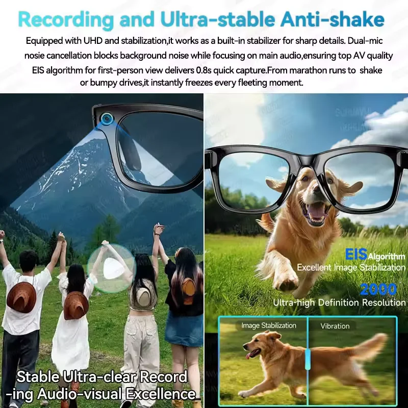 New Camera Glasses 800w Pixel 2K UHD Video Recording EIS Anti Shake 4GB Wifi Ai Translation Anti Blue Light Men Smart Glasses
