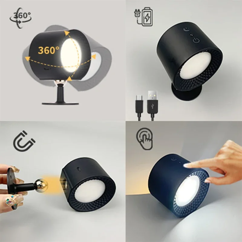 Led Double Head Wall Lamp Touch Control Remote 360 Rotatable USB Recharge Wireless Portable Night Light For Bedroom Reading Lamp
