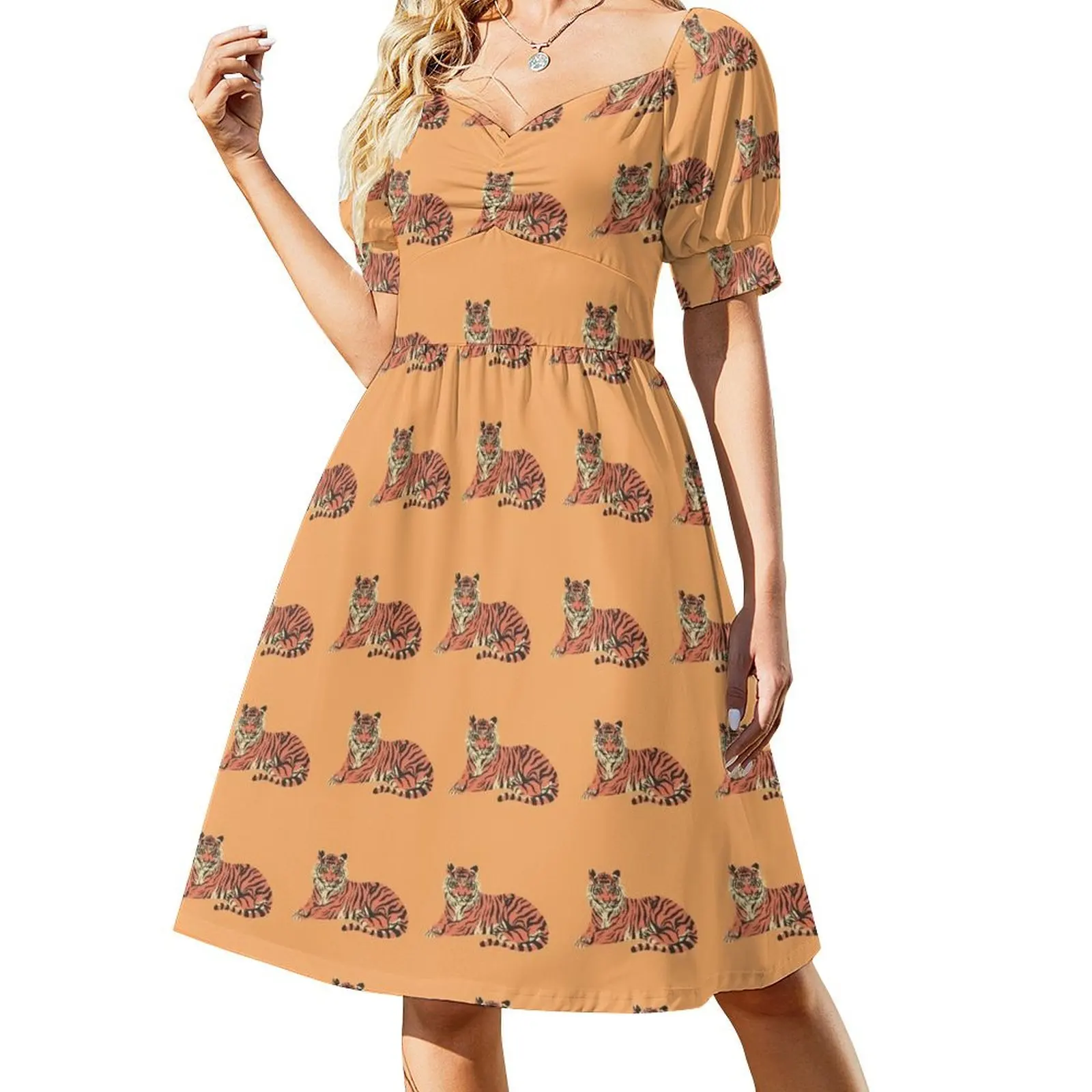 thumbnail image 1 of Vestido de manga corta con estampado de tigre de Luisiana, vestidos largos con velo, vestido vintage de verano para mujer., 1 of 8