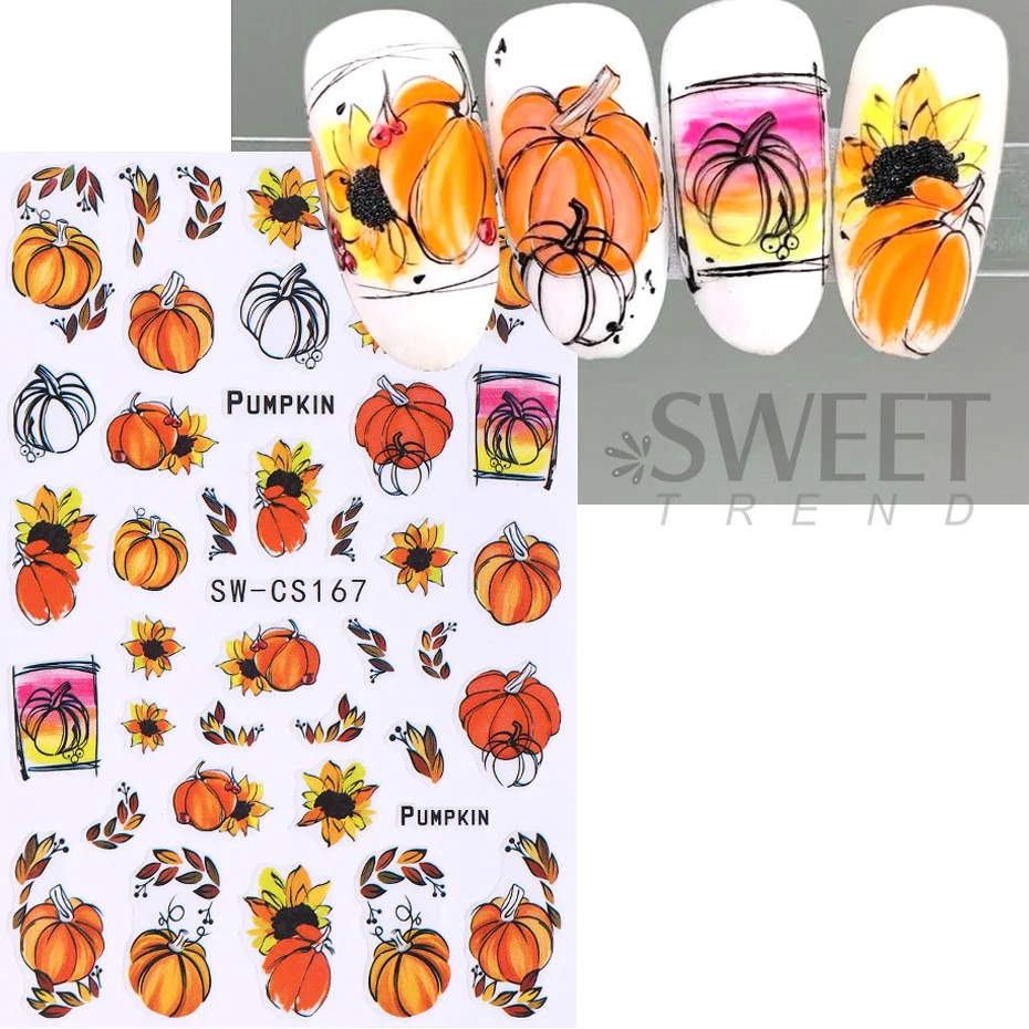 9pcs Halloween Pumpkin Nail Stickers Maple Leaf Self-Adhesive Decal Slider Nail Supplies Thanksgiving Autumn Manicure Decoration