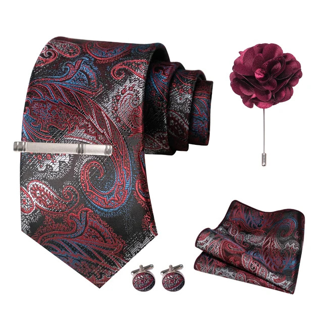 Wine red Men Tie Paisley Silk Tie Pocket Square Cufflink Luxury Gift Box Set Wedding Gravat Accessories Neck Tie For Men - Image 6