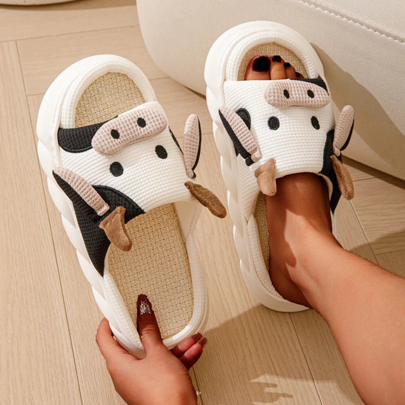 Cute Cartoon Cow Unisex Linen Slippers Spring Summer Slides Mule Men And Women Home Shoes Non-slip Flip Flops For Four Seasons 4